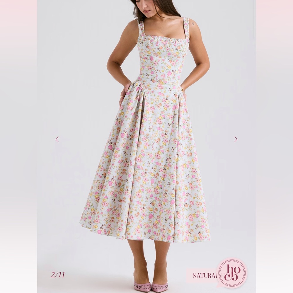 House of CB White Floral Midi Dress with Pink and Yellow Bouquet Print